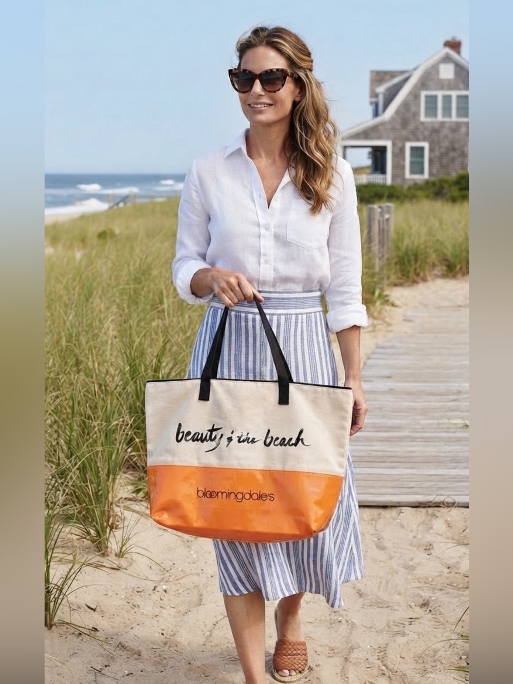 Bloomingdale's Canvas Tote in Orange, Cream & Black